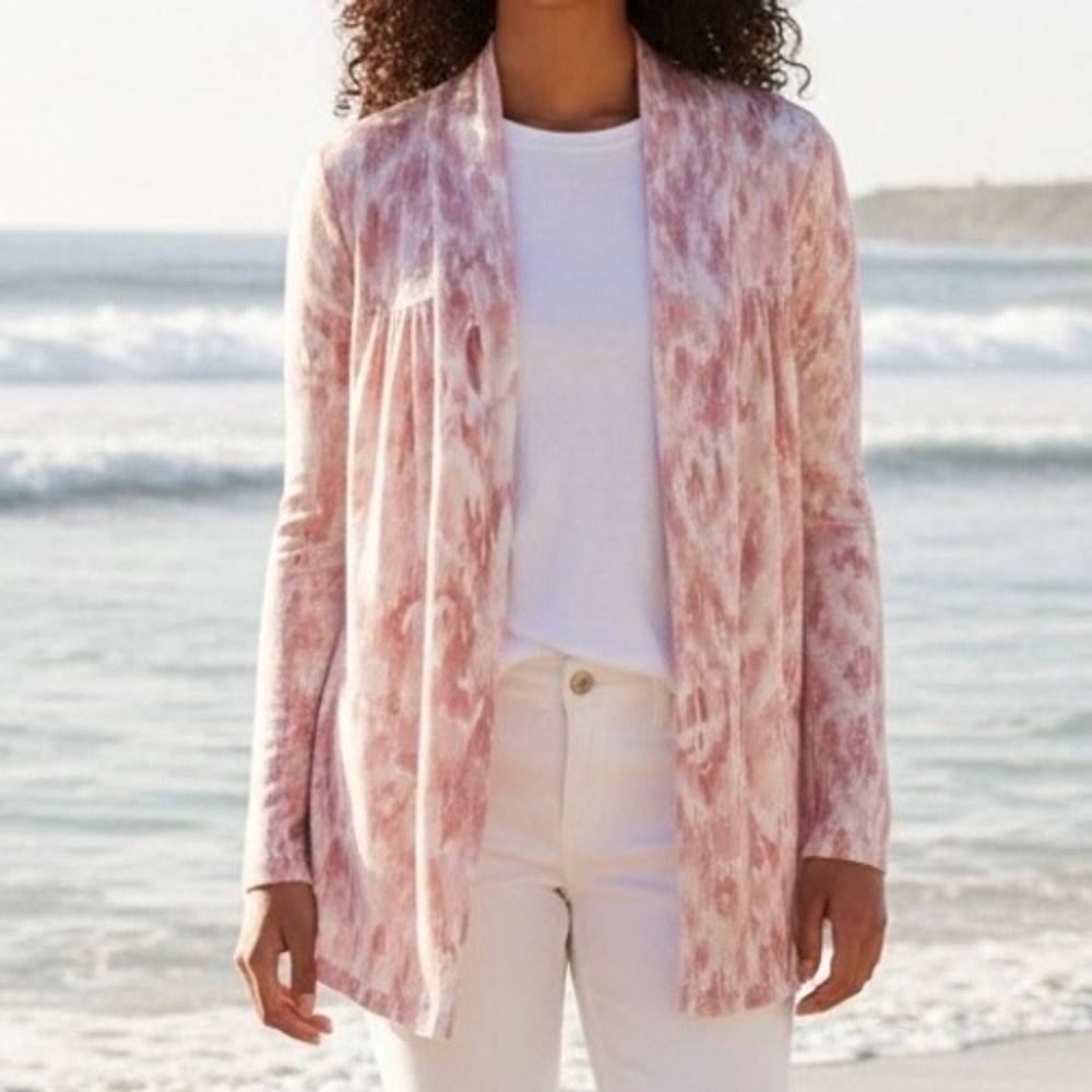 Chicos Pink White Ikat Open Front Cardigan Sz 2/US Lg Cotton Blend Coastal Layer